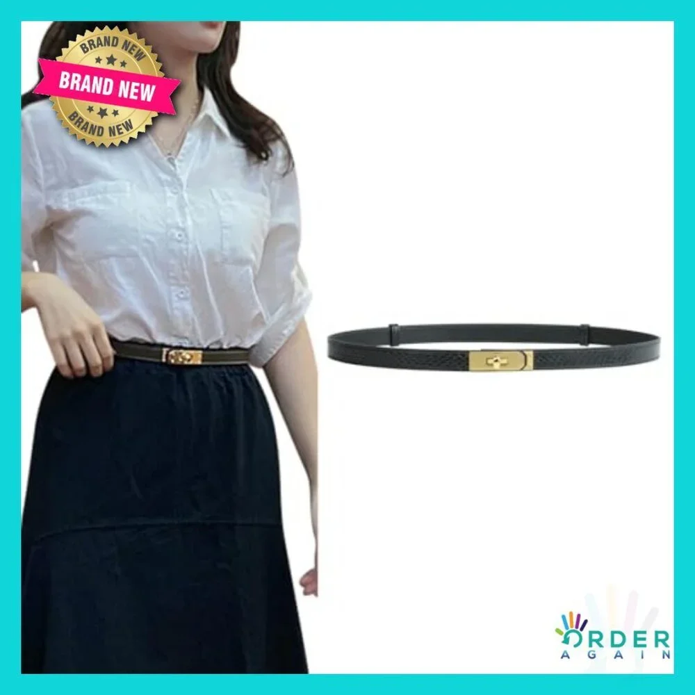 Skinny Leather Belt Adjustable Alloy Turn Lock Classic Elegant Minimal Chic